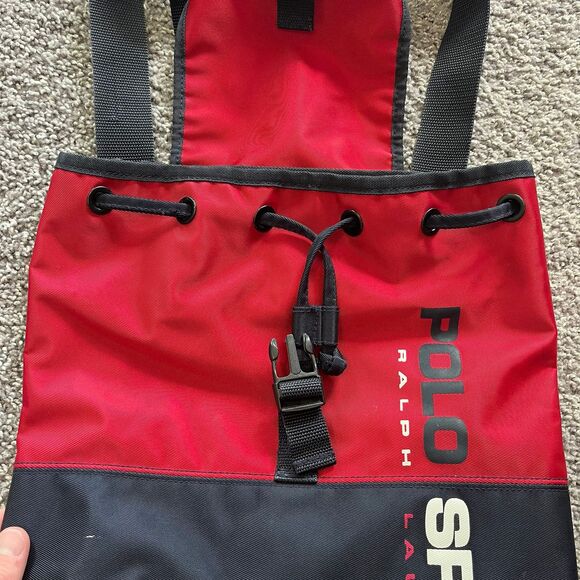 VTG 90s Polo Sport Ralph Lauren Spell Out Backpack Bucket Bag Red Navy Blue Logo - Picture 6 of 9